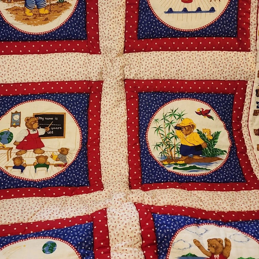 Vintage Cottage‎ Core Bear Baby Quilt 41x60 Red, Blue Handmade